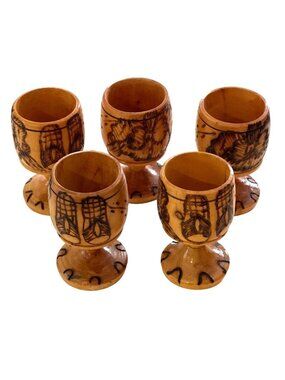 Vintage Wood Pedestal Cups Egg Cup or Tiki Bar Shot Glass Hand Turned Pyrography